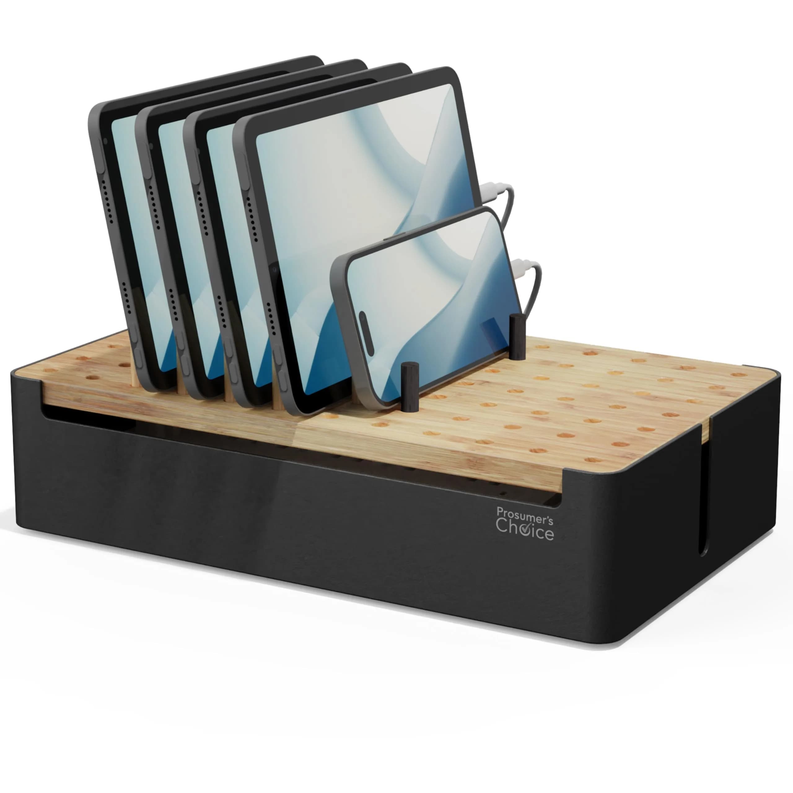 Prosumer's Choice Bamboo Charging Station Organizer with Removable Dividers | 220V Compatible Desk Docking Station for Phones, Tablets, Laptops — Metal & Bamboo Black