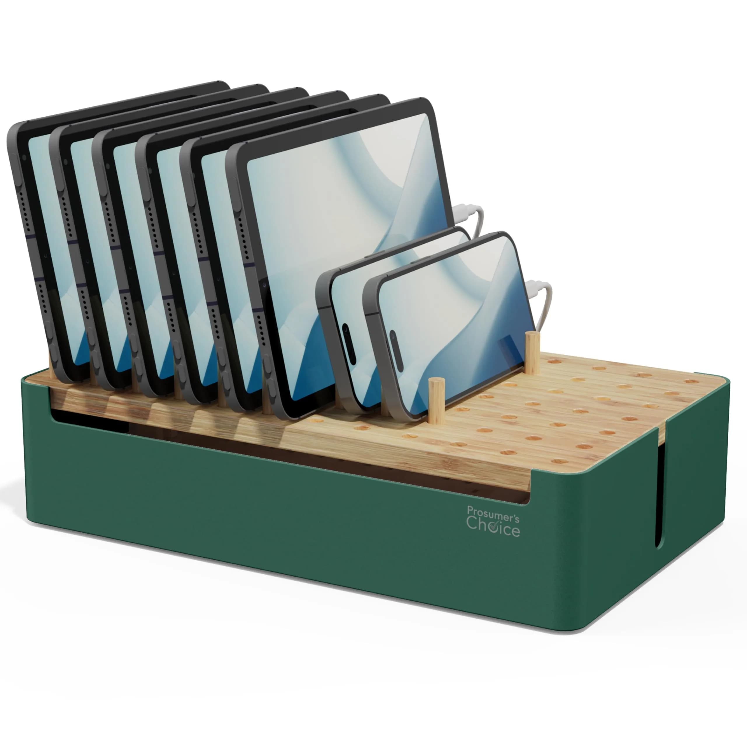 Prosumer's Choice Bamboo Charging Station Organizer with Removable Dividers | 220V Compatible Desk Docking Station for Phones, Tablets, Laptops — Metal & Bamboo Green