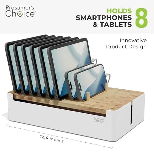 Prosumer's Choice Bamboo Charging Station Organizer with Removable Dividers | 220V Compatible Desk Docking Station for Phones, Tablets, Laptops thumbnail 4