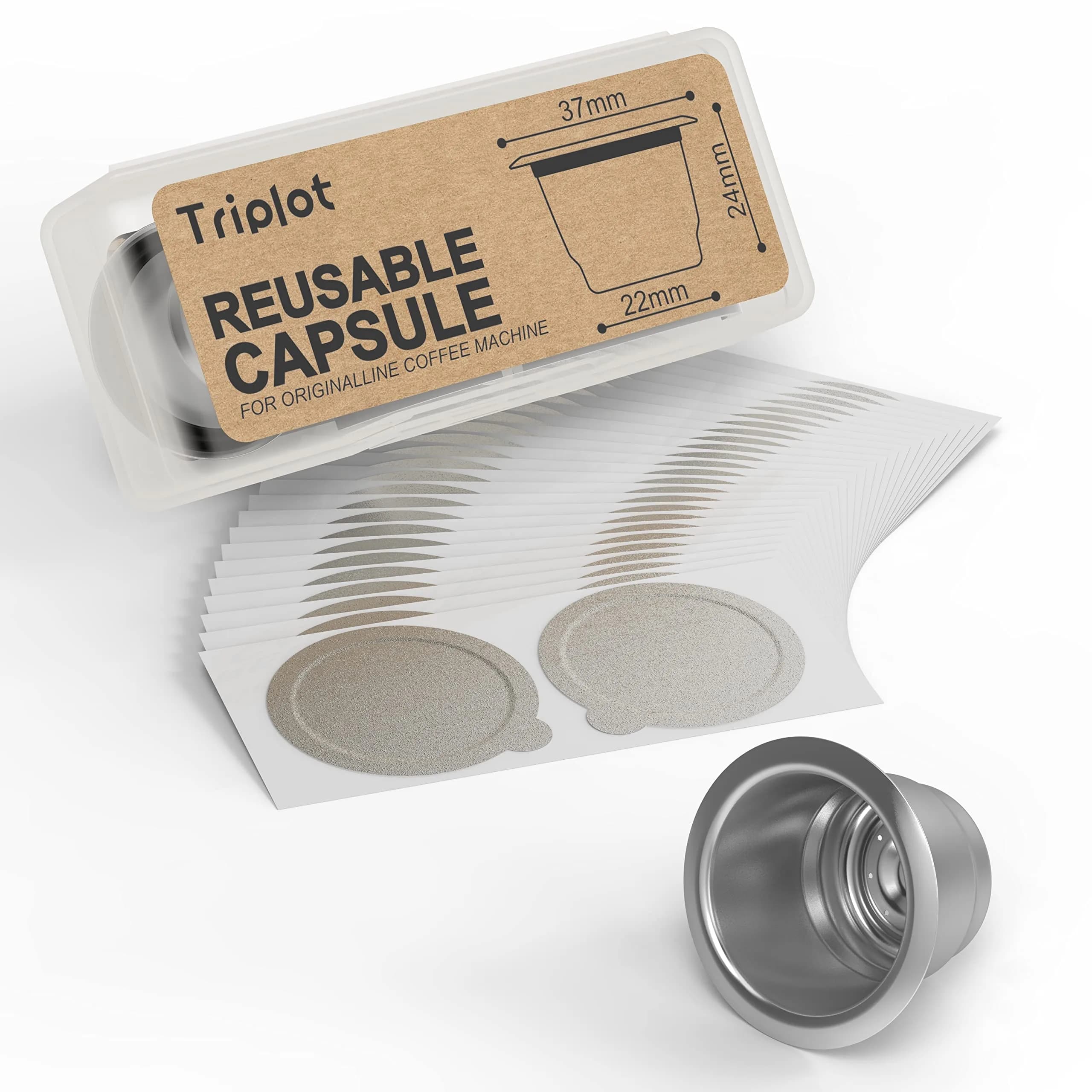 Triplot Aluminum Lids for Nespresso OriginalLine Capsules, 200 Count (37mm) | Reusable Coffee Pod Seals for Rich Crema — Silver color 1pod+50Lids