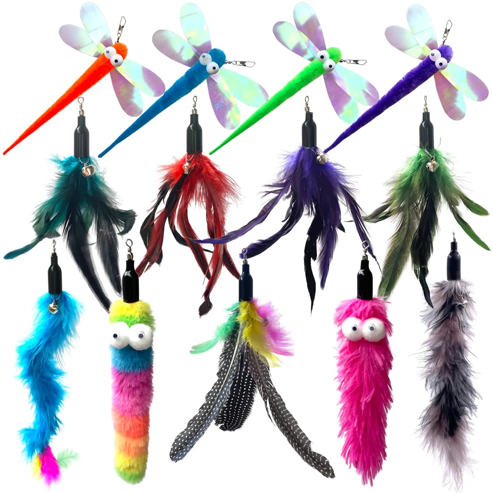 AcceLeah 16Pcs Cat Wand Refills, Worm & Dragonfly Attachments | Natural Plush, Safe & Durable — 13Pcs