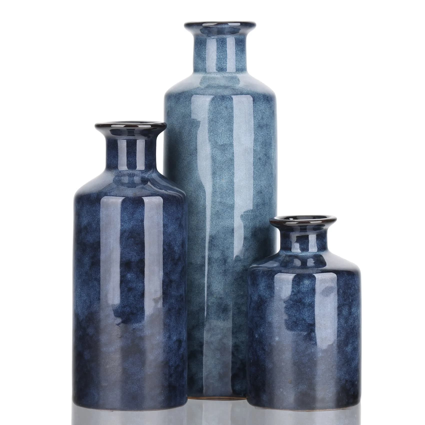 QIANLING Blue Ceramic Vase Set - 3 Vases (10" H, 7.5" H, 5" H) | Modern Farmhouse Decor - main product image