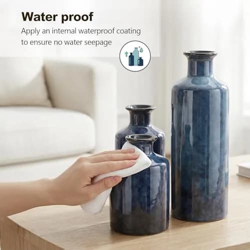 QIANLING Blue Ceramic Vase Set - 3 Vases (10" H, 7.5" H, 5" H) | Modern Farmhouse Decor thumbnail 5