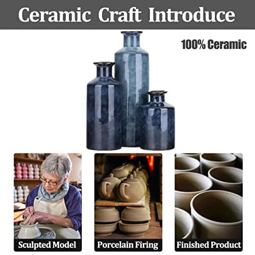 QIANLING Blue Ceramic Vase Set - 3 Vases (10" H, 7.5" H, 5" H) | Modern Farmhouse Decor thumbnail 7