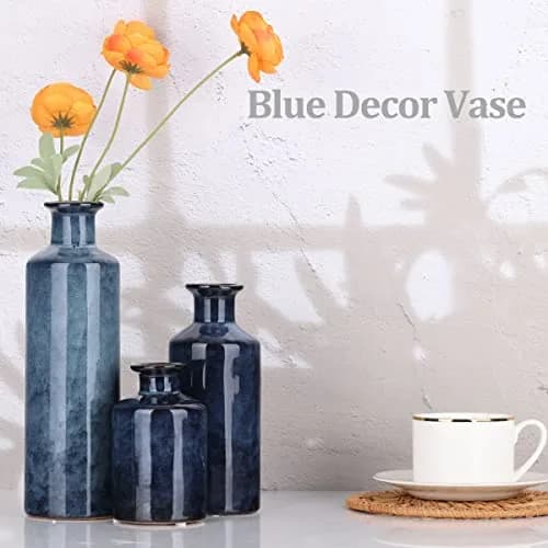 QIANLING Blue Ceramic Vase Set - 3 Vases (10" H, 7.5" H, 5" H) | Modern Farmhouse Decor thumbnail 9