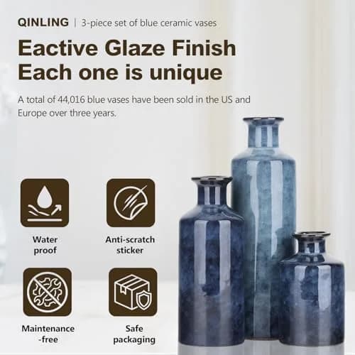 QIANLING Blue Ceramic Vase Set - 3 Vases (10" H, 7.5" H, 5" H) | Modern Farmhouse Decor thumbnail 3