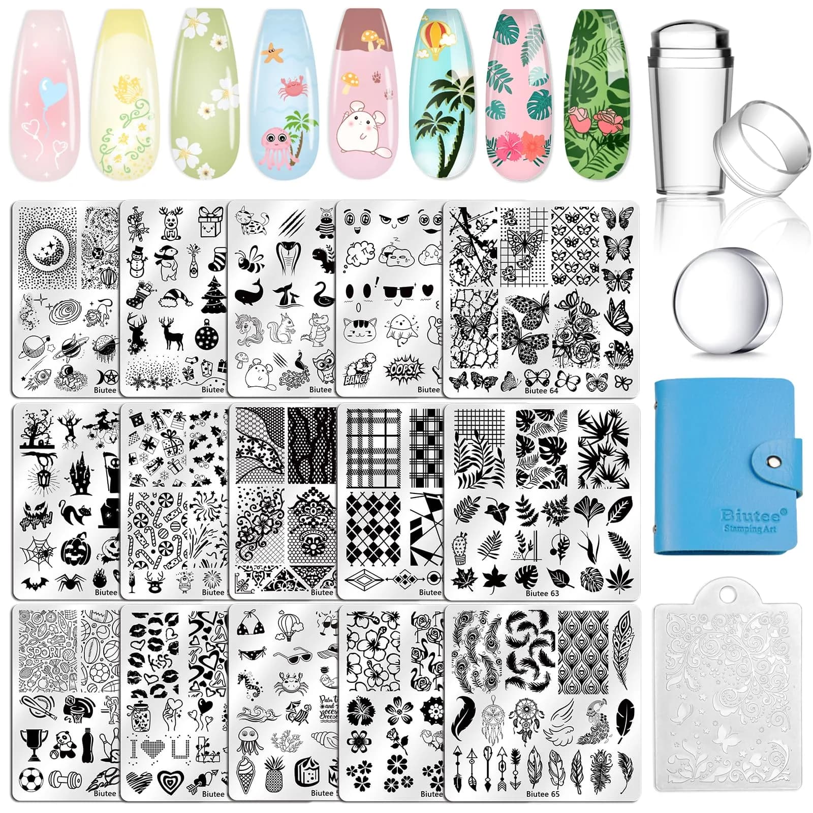 Biutee 15PCS Nail Stamping Plates Set with Silicone Stamper & Scraper | Professional DIY Manicure Tool Kit - main product image