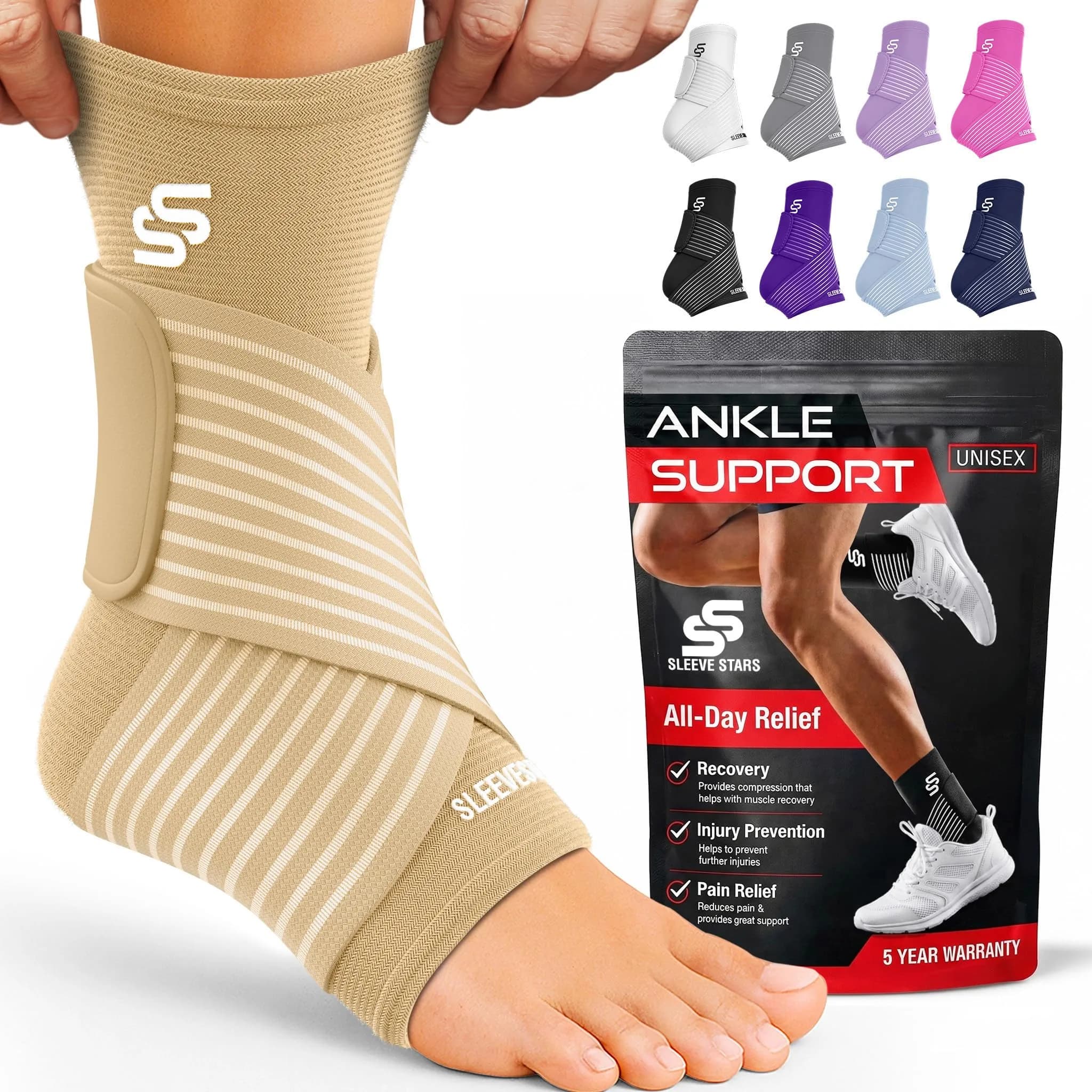 Sleeve Stars Ankle Brace for Men & Women Support, Beige Medium (10"-12") | Orthopedic Brace for Sprains & Pain Relief