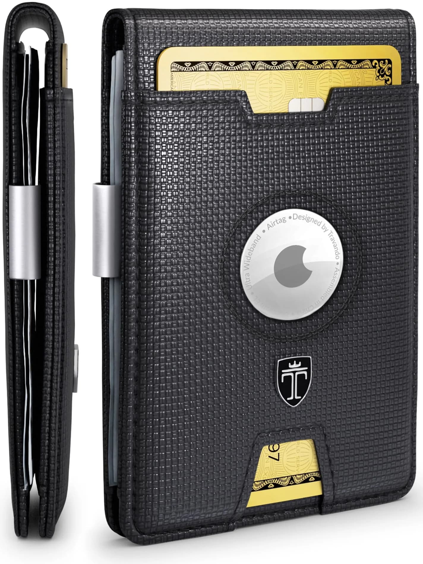 TRAVANDO AirTag Money Clip Wallet with RFID Protection for Men, 11 Cards, Carbon - 11.4cm x 8.1cm x 2.0cm — Black & Chess