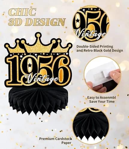 MDCGFOD 70th Birthday Decoration Pack for Men Women | Black & Gold Honeycomb Table Decor thumbnail 5