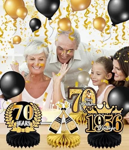 MDCGFOD 70th Birthday Decoration Pack for Men Women | Black & Gold Honeycomb Table Decor thumbnail 3