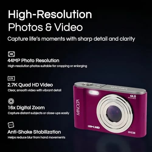 Minolta MND20 44MP Digital Camera 2.7K Ultra HD | Compact, 16X Zoom, Magenta thumbnail 2