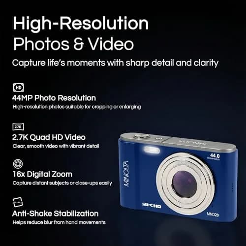 Minolta MND20 44MP Digital Camera in Blue | 2.7K Ultra HD Video & 16X Digital Zoom thumbnail 2