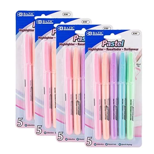 BAZIC PRODUCTS Pen Style Highlighters, Chisel Tip, Clip, 5 Count | Assorted Pastel Colors for Study & Office thumbnail 1
