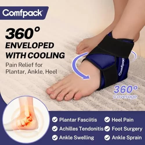 Comfpack Ankle Ice Pack Wrap with Strap for Swelling & Pain Relief, Plantar Fasciitis, Achilles Tendonitis, Foot Pain, Navy (1 Count, Gel Pack) thumbnail 2