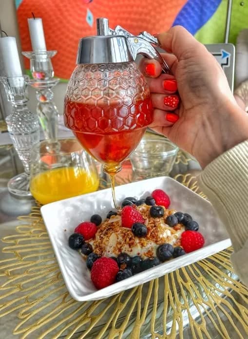 CLEVLI Glass Honey Dispenser 236ml (8 Oz) with Stand | No Drip, Easy Pour Honey Pot thumbnail 5
