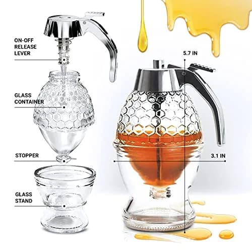 CLEVLI Glass Honey Dispenser 236ml (8 Oz) with Stand | No Drip, Easy Pour Honey Pot thumbnail 3