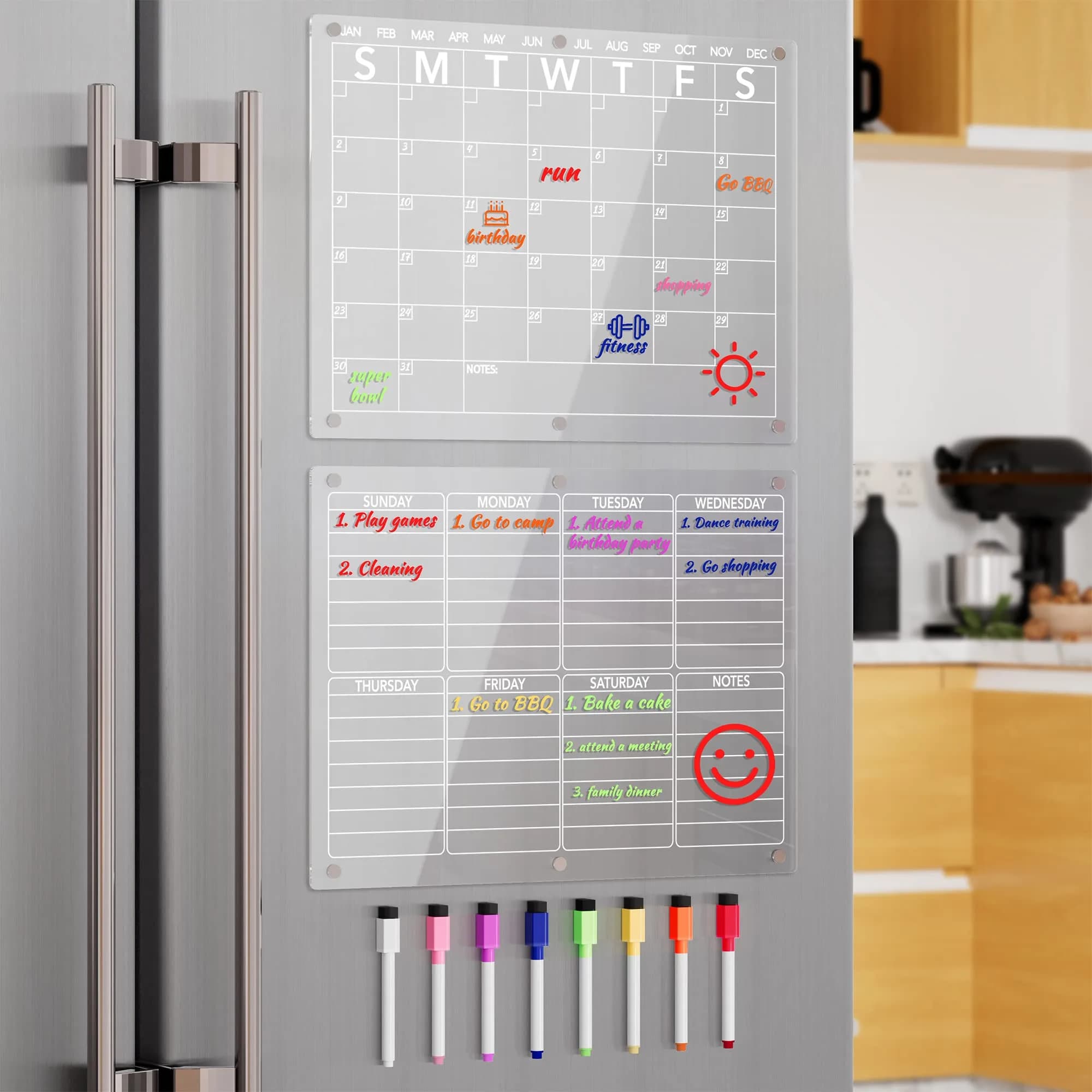 Neatsure Acrylic Magnetic Chore Chart 12"x9" | Clear Dry Erase Board for Fridge — 15"x11" / Monthly and Weekly Planner