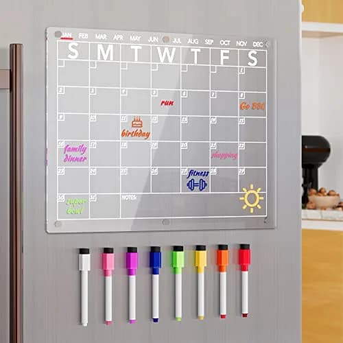 Neatsure Acrylic Magnetic Dry Erase Board Calendar for Fridge 38cm x 28cm (15"x11") | Clear Monthly Planner with 8 Markers thumbnail 1