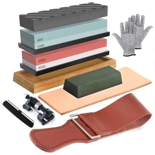 Lrker 4-Side Whetstone Sharpener Set 400/1000/3000/8000 Grit with Bamboo Base & Cut Resistant Gloves thumbnail 1