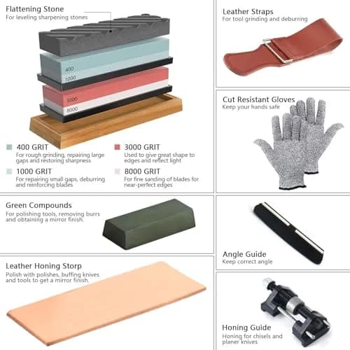 Lrker 4-Side Whetstone Sharpener Set 400/1000/3000/8000 Grit with Bamboo Base & Cut Resistant Gloves thumbnail 2