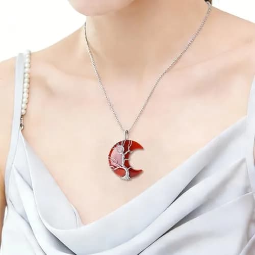 XIANNVXI Carnelian Necklace Crescent Moon Pendant 1.46" x 1.26" | Natural Crystal & Stainless Steel thumbnail 3