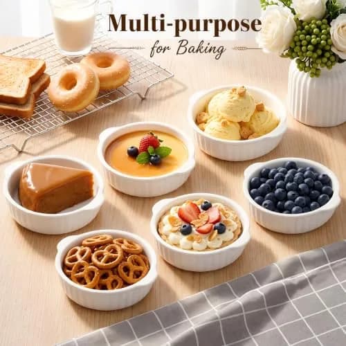 Mezchi 14 oz Porcelain Ramekins Oven Safe | Large Ceramic Creme Brulee & Souffle Dishes with Handles thumbnail 2