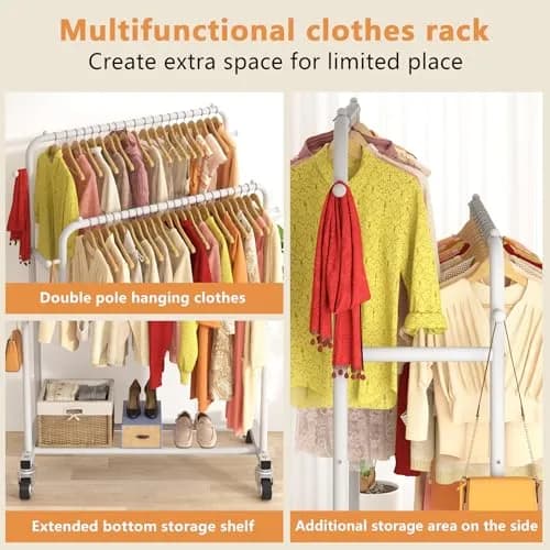 Laiensia Double Rods Garment Rack with Wheels | Multi-functional White Clothing Organizer thumbnail 4