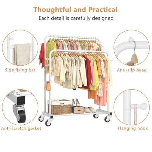 Laiensia Double Rods Garment Rack with Wheels | Multi-functional White Clothing Organizer thumbnail 5