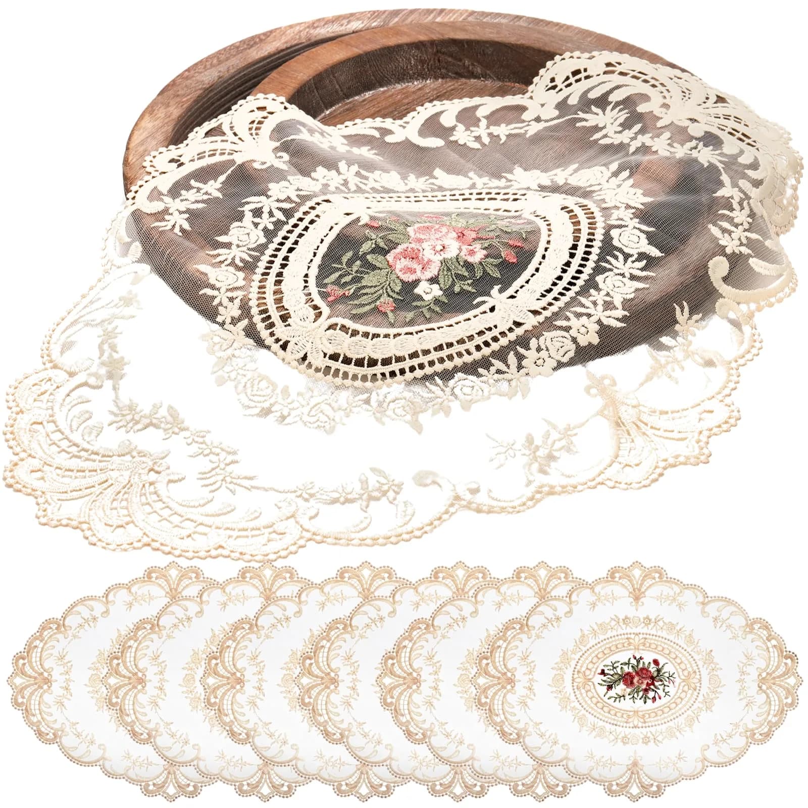 Mezchi Retro French Style Lace Placemats 30cm (12'') x 40cm (16'') Oval, Set of 6 | Elegant Victorian Decor for Dining Tables - main product image