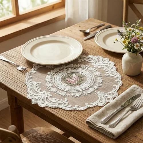 Mezchi 6 Pack Retro French Style Lace Placemats 28cm (11 inch) Round | Vintage Crochet Doilies for Tables thumbnail 8