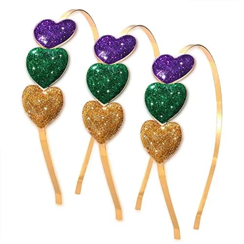 boderier Mardi Gras Glitter Heart Headband 3-Pack | Festive Purple, Green, Gold Accents thumbnail 1