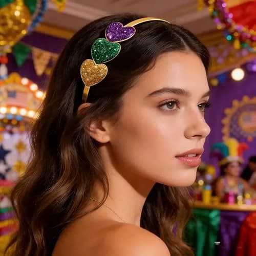 boderier Mardi Gras Glitter Heart Headband 3-Pack | Festive Purple, Green, Gold Accents thumbnail 6