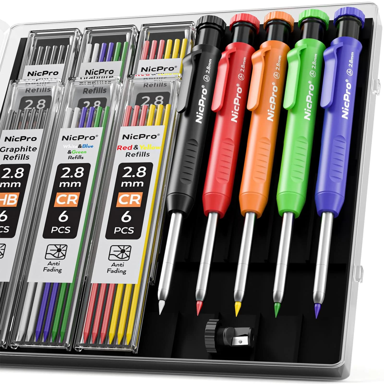 Nicpro 3 Pack Carpenter Pencils with Sharpener | Durable Metal Tip, 39 Refills, Ergonomic Grip for Woodworking & Construction — Red, Black, Yellow, Green, Blue