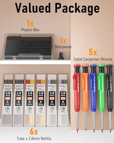 Nicpro 5 Pack Carpenter Pencils with Sharpener | 2.8mm Refills, Durable Metal & ABS Construction, Portable for Outdoor & Indoor Use thumbnail 7