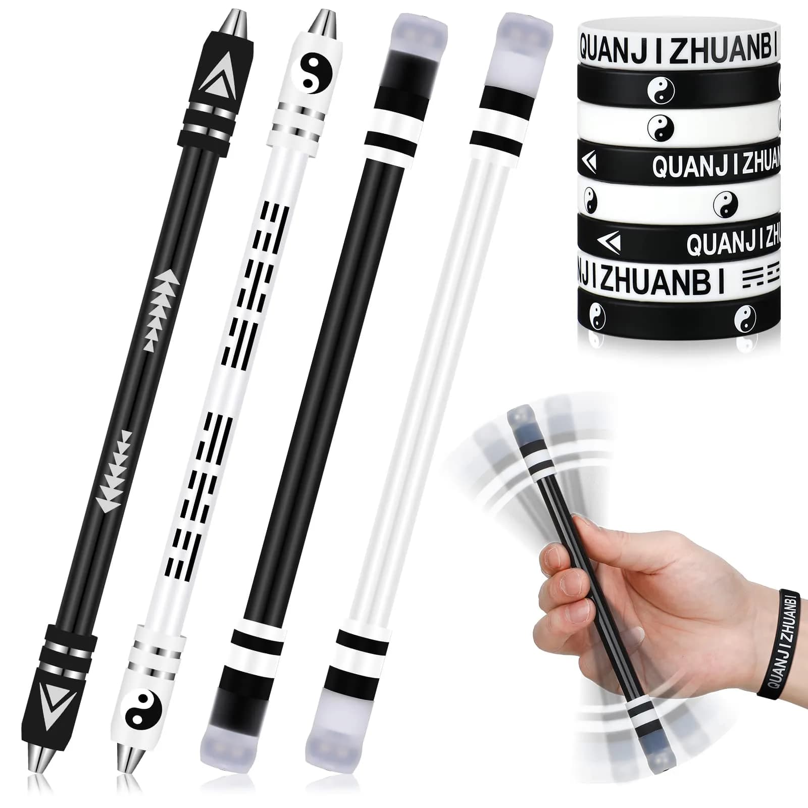 Geyee Spinning Pen with Silicone Bracelet Set | 21.5 cm (8.5 inches) Length, 4 Pens + 8 Bracelets — White, Black