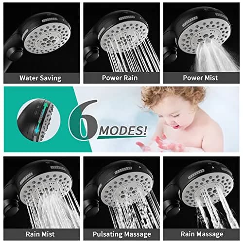 DOILIESE Matte Black High Pressure 6-Setting Shower Head with Handheld & Pause Switch, 15.2 cm (6 Inch) | Spa Spray & Rain Settings thumbnail 2