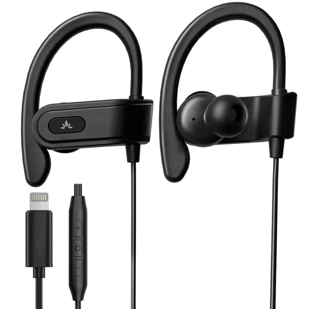 Avantree E171 Wired Earbuds with Microphone & Volume Control | Comfortable Sport Fit, 3.5mm Jack, 12mm Driver (120cm Cable) — Black / Lightning (iPhone 5-14)