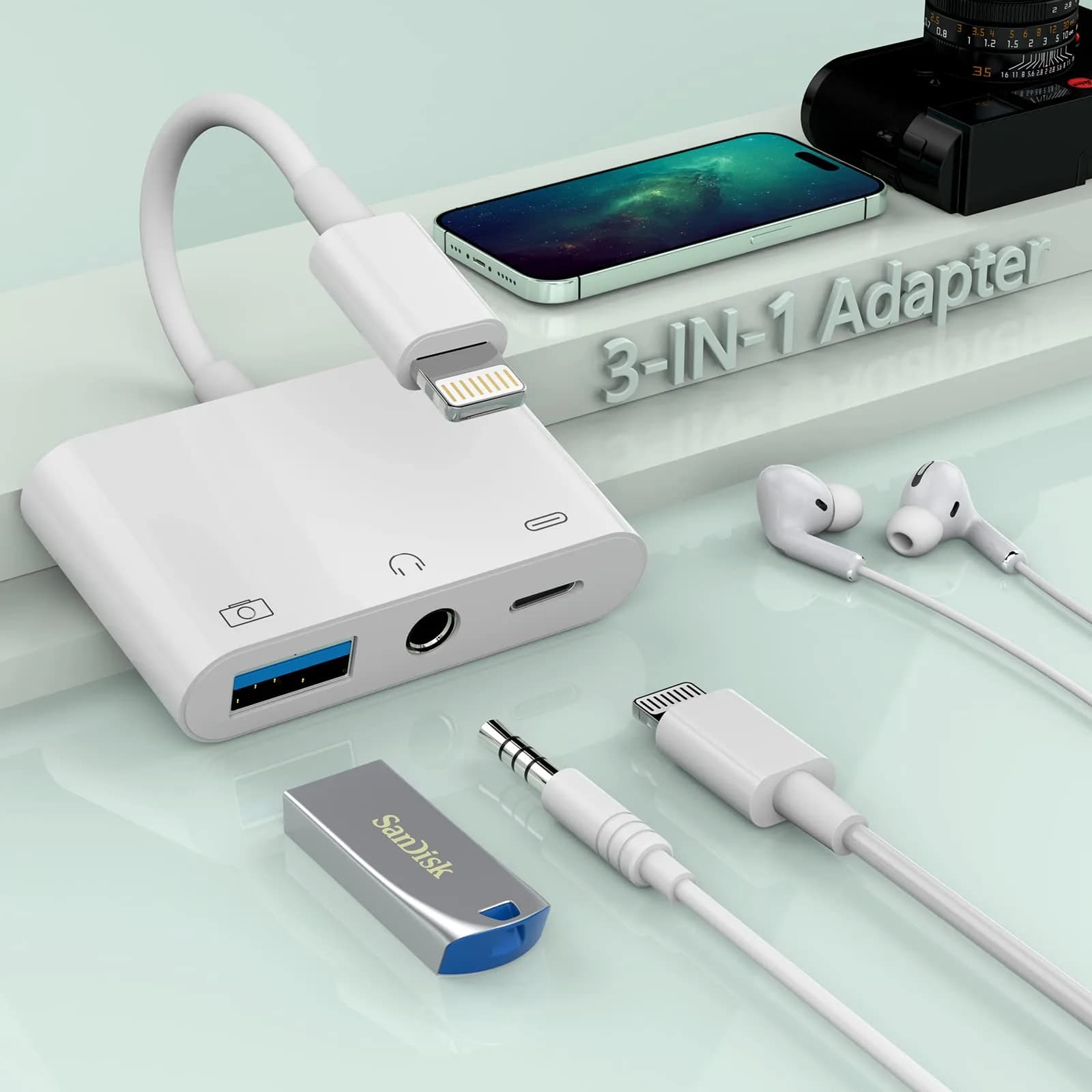 MTAKYA 3-in-1 Lightning USB Auxiliary Adapter with 3.5mm Jack & Charging Port | MFi Certified — lightning