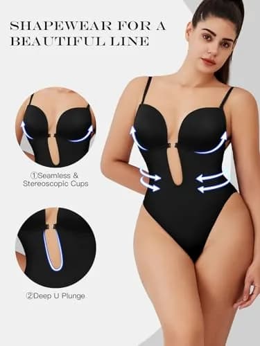 Decorus Backless Bodysuit Strapless Low-Back Thong Body-shaper for Women | Seamless Wedding Bodysuit with Built-in Bra (70-120 chars) thumbnail 2