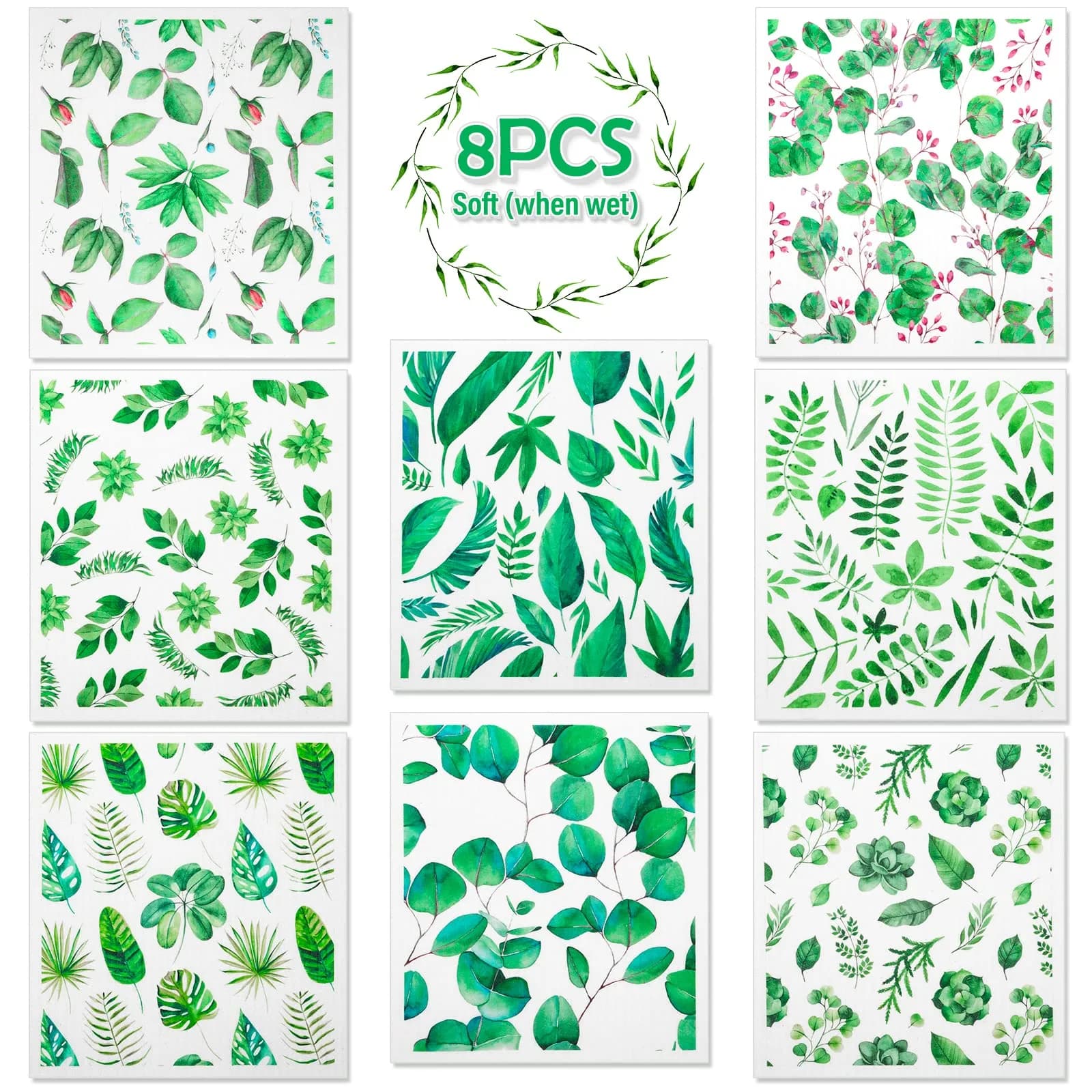 Lucomb Reusable Swedish Dish Cloths 8 Pack (20cm x 18cm / 8in x 7in) | Biodegradable & Odor-Resistant Kitchen Wipes — green Plants