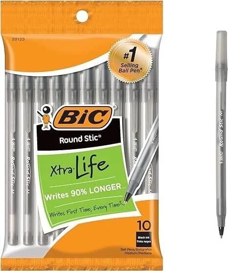BIC Round Stic Xtra Life Black Ballpoint Pens, 120-Count | Smooth Ink Flow for Daily Writing
