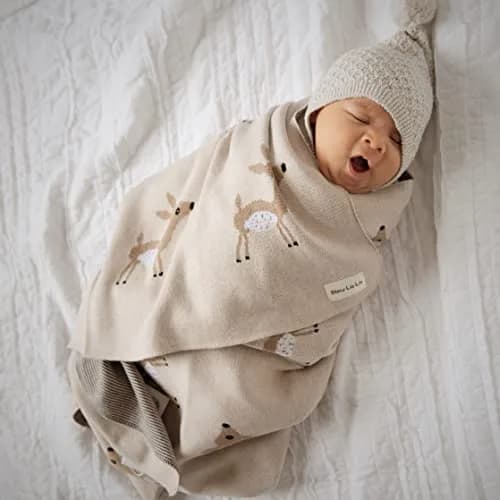 Bleu La La Knit Baby Swaddle Blanket - 100% Cotton Soft Cozy Receiving Swaddling Blanket for Newborns & Toddlers | Gender Neutral Taupe Deer thumbnail 7