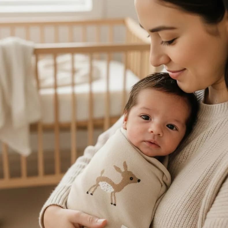 Bleu La La Knit Baby Swaddle Blanket - 100% Cotton Soft Cozy Receiving Swaddling Blanket for Newborns & Toddlers | Gender Neutral Taupe Deer thumbnail 2