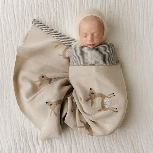 Bleu La La Knit Baby Swaddle Blanket - 100% Cotton Soft Cozy Receiving Swaddling Blanket for Newborns & Toddlers | Gender Neutral Taupe Deer thumbnail 5