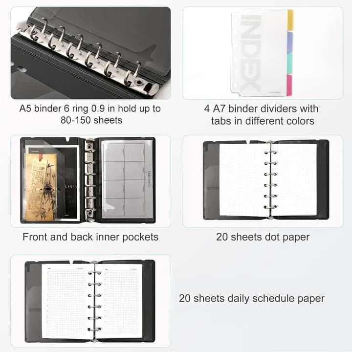 CAGIE A5 Binder 6 Ring Refillable Notebook with Dividers & Pockets | Durable, Refillable, 80 Pages thumbnail 4