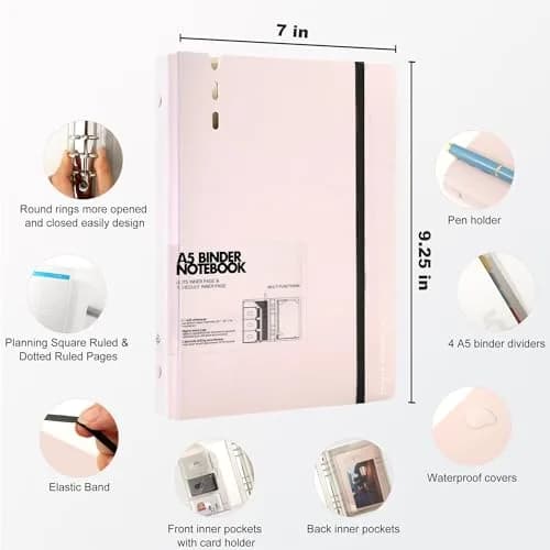 CAGIE A5 Binder 6 Ring Refillable Notebook with Dividers & Pockets | Office & School Supplies thumbnail 2