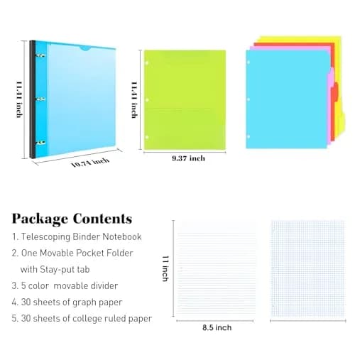 INFUN Telescoping Binder Notebook with 3 Rings, Movable Pocket Folder, Dividers & Paper - Blue (28.98 x 27.23 cm) thumbnail 2