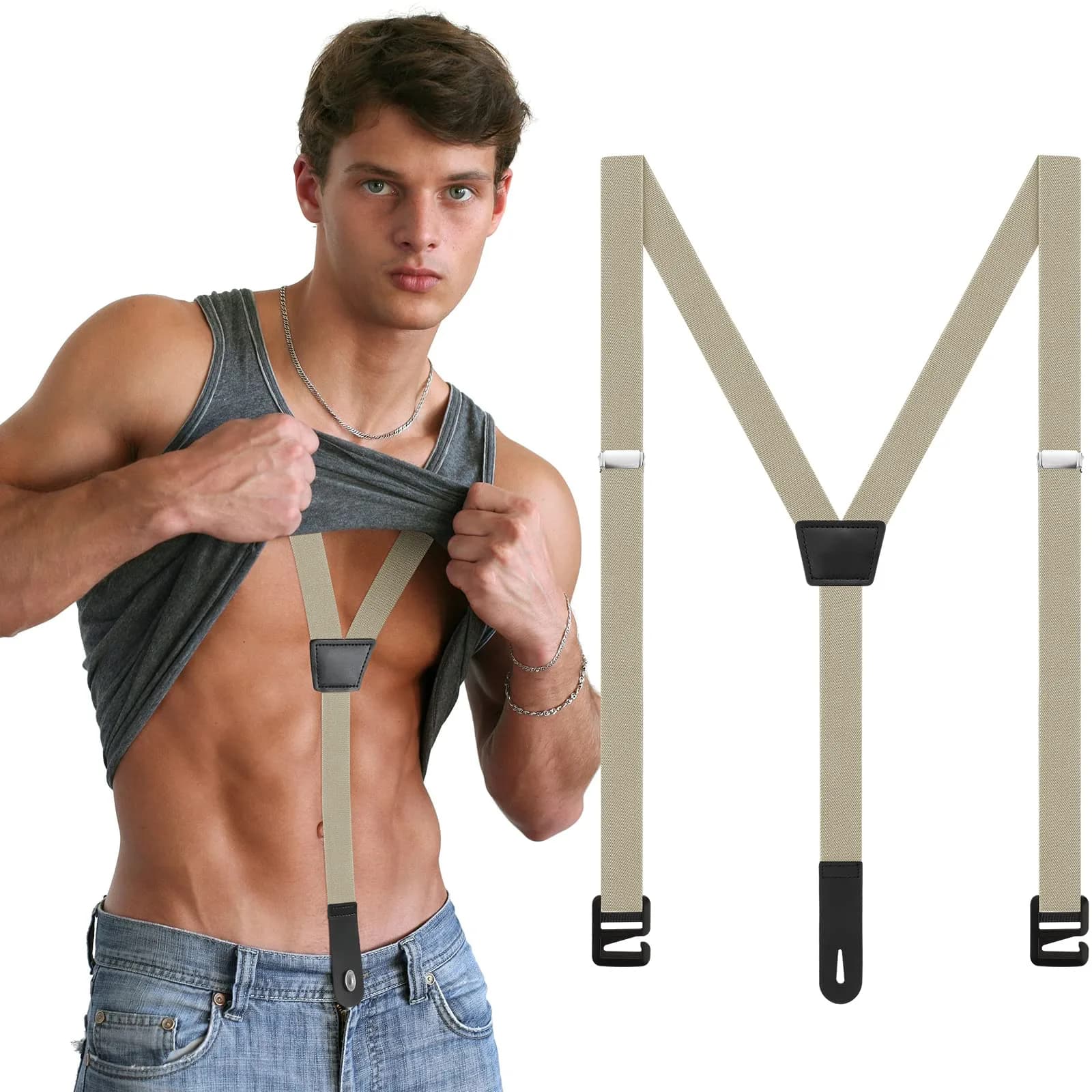 Eurzom Hidden Suspenders for Men Under Clothes Y-Back Beige 2.5cm (1 inch) Width | Airport Friendly Undergarment Use — Beige