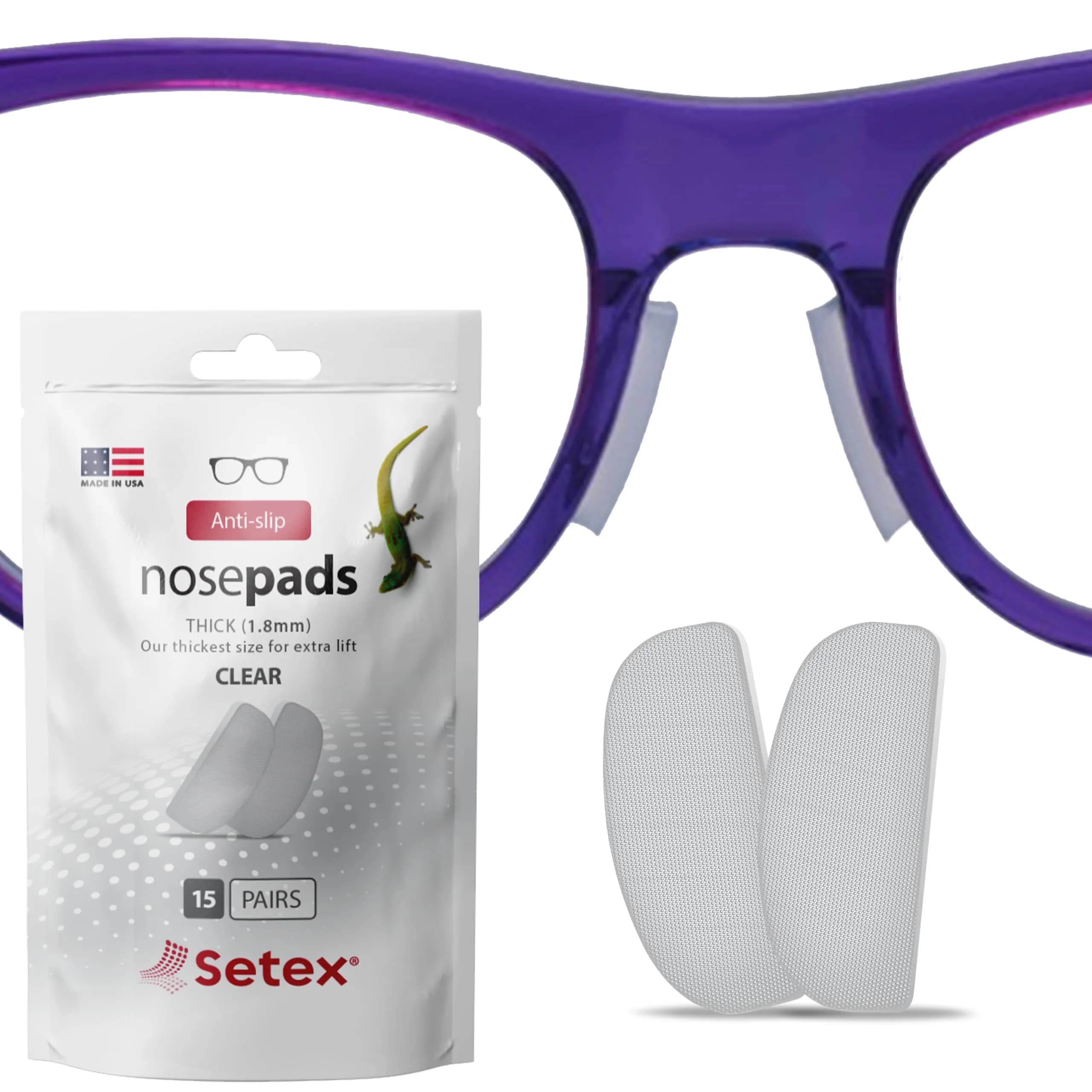Setex Gecko Grip Thick 1.8mm Anti Slip Nose Pads for Glasses, 5 Pairs (10 Pads), Clear | Gecko-Inspired Microfiber Technology — Bulk Pack 15 Clear Pair